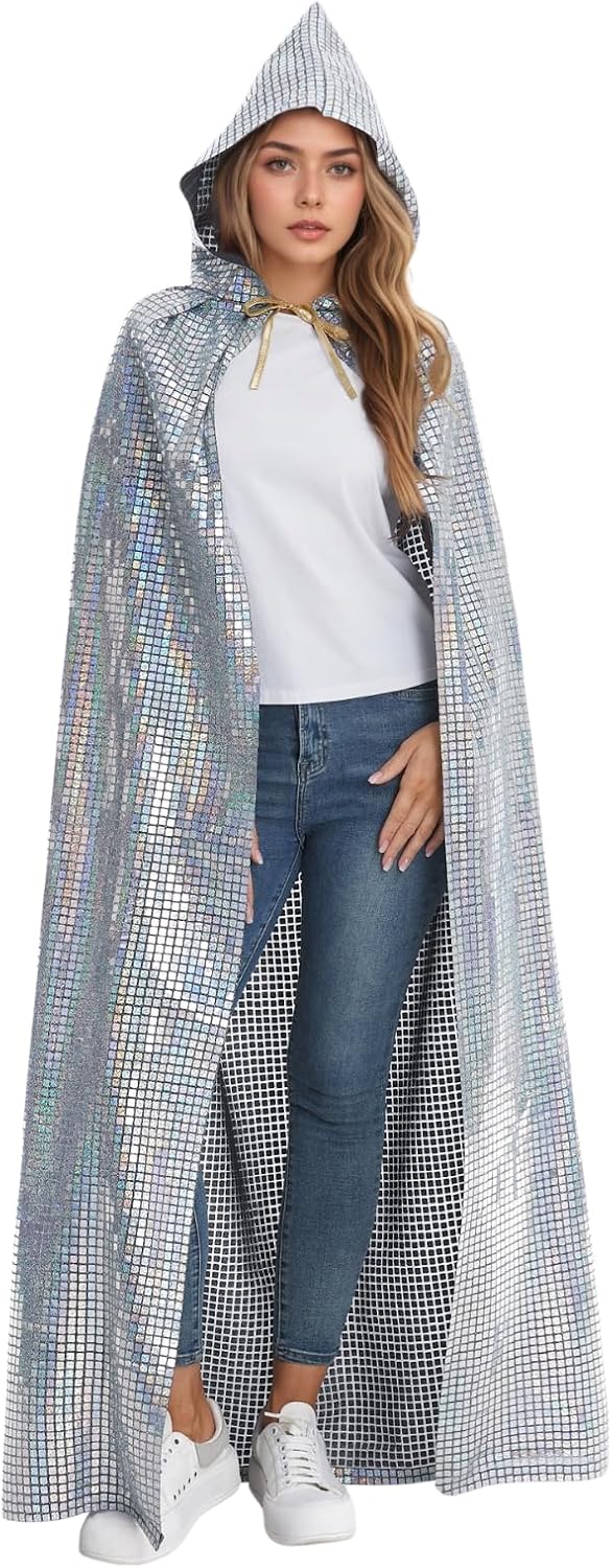 yolsun Shiny Hooded Cloak Adult Full Length Laser Robe Cape for Women Men Mardi Gras Halloween Fancy Cloak