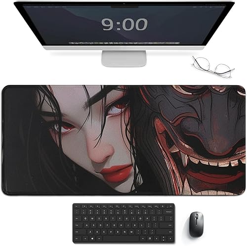 Miniatura 24 de Alfombrilla de mouse grande para videojuegos, samurái, anime, niña, genial, retro, japonesa, alfombrilla de escritorio grande, teclado extendido,