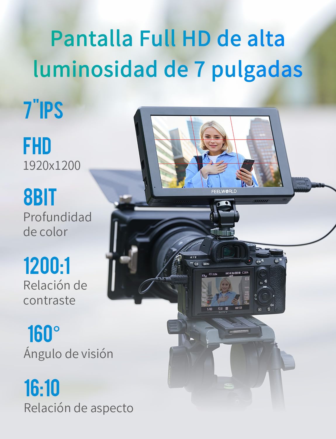 FEELWORLD T7 Pro Monitor de cámara de Aluminio de 7 Pulgadas y 2000nits ultrabrillante 1920 x 1200 IPS 4KHDMI 60 Hz Forma de Onda LUT HDR con batería F750 y Bolsa