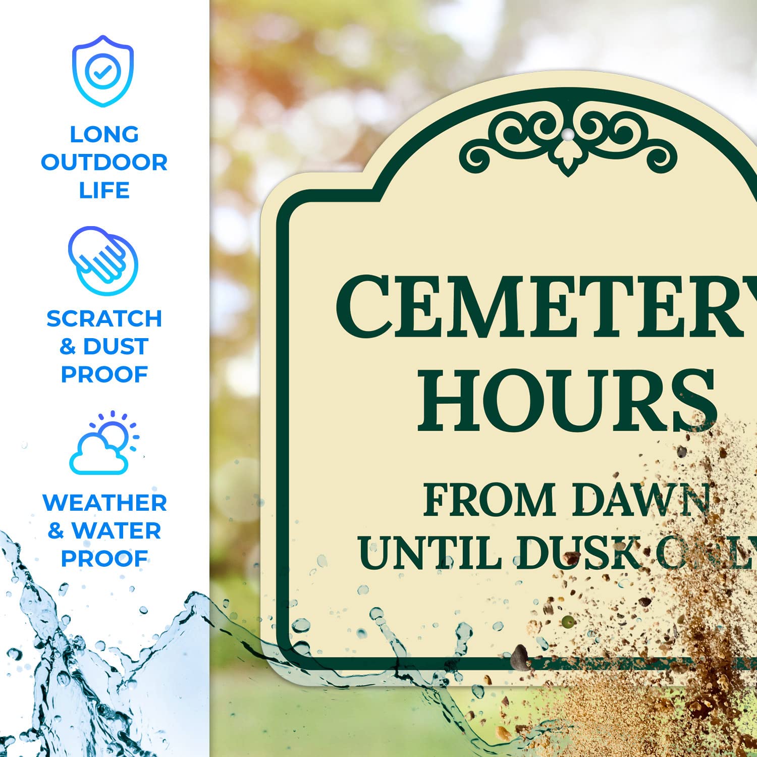 Cemetery Hours from Dawn Until Dusk Décor Sign, Green Light, 18x18 Inches, ACM, Fade Resistant, Made in USA by Sigo Signs