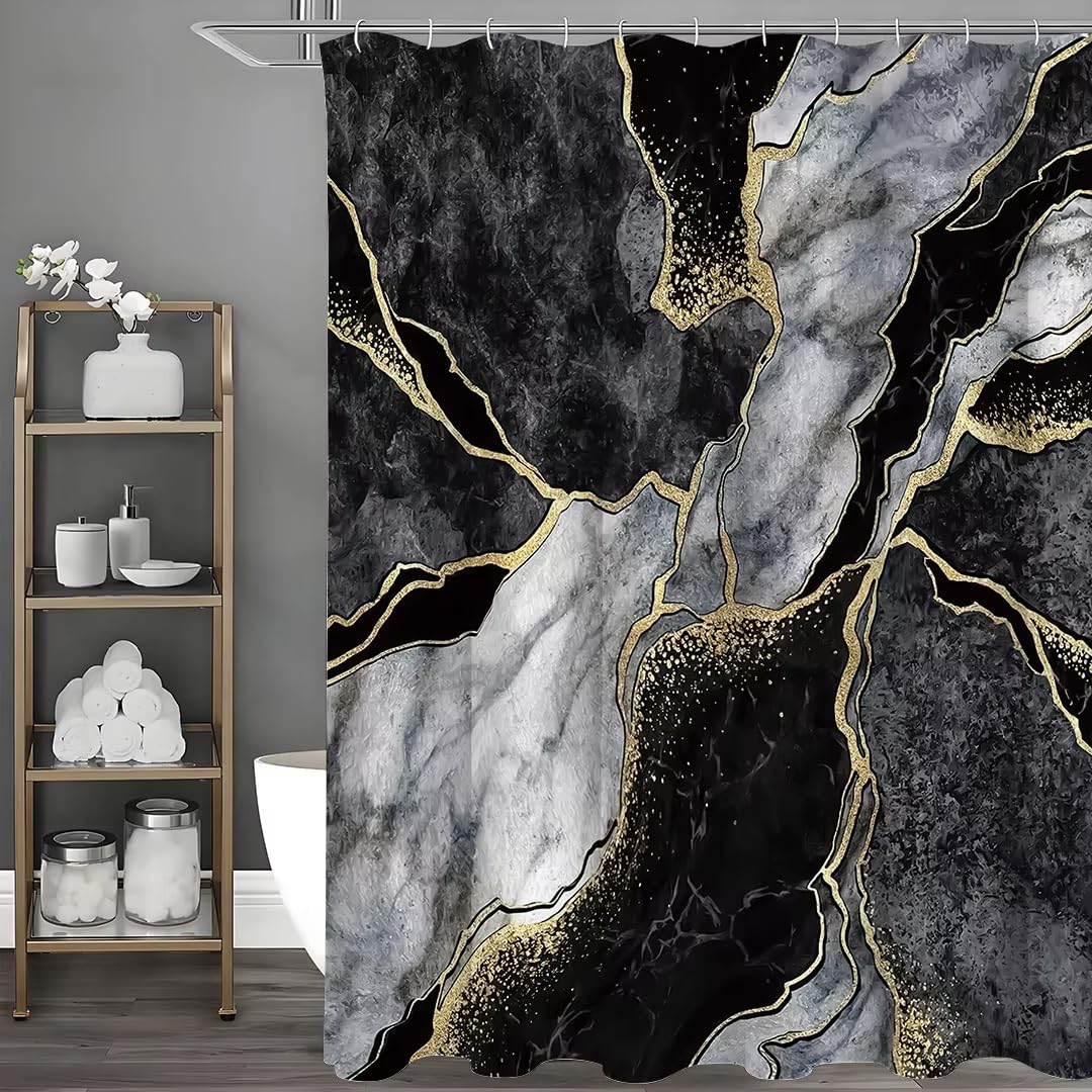 Rideau de douche marbré abstrait de haute qualité textile noir et touches d'or