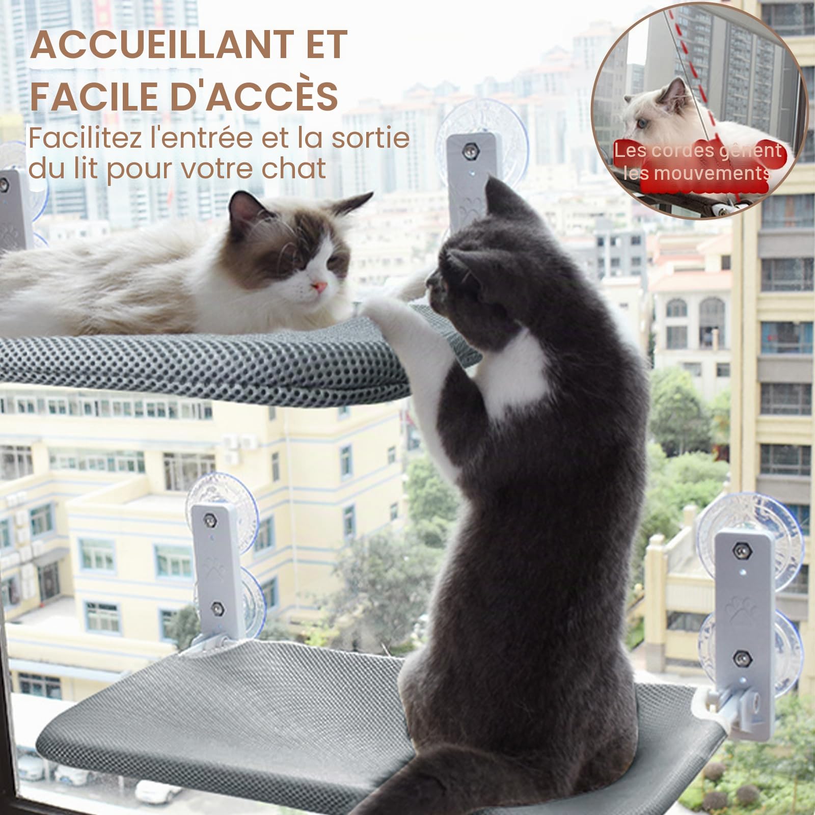 Hamac pour Chat sans Fil, Chats Places de Fenêtre Chats, Respirant Surveiller, Prendre Bains Soleil Et Grimper, avec Ventouses Puissantes, Tissu Lavable, Hamac pour Chat,Supporte Jusqu'à 15kg Maximum