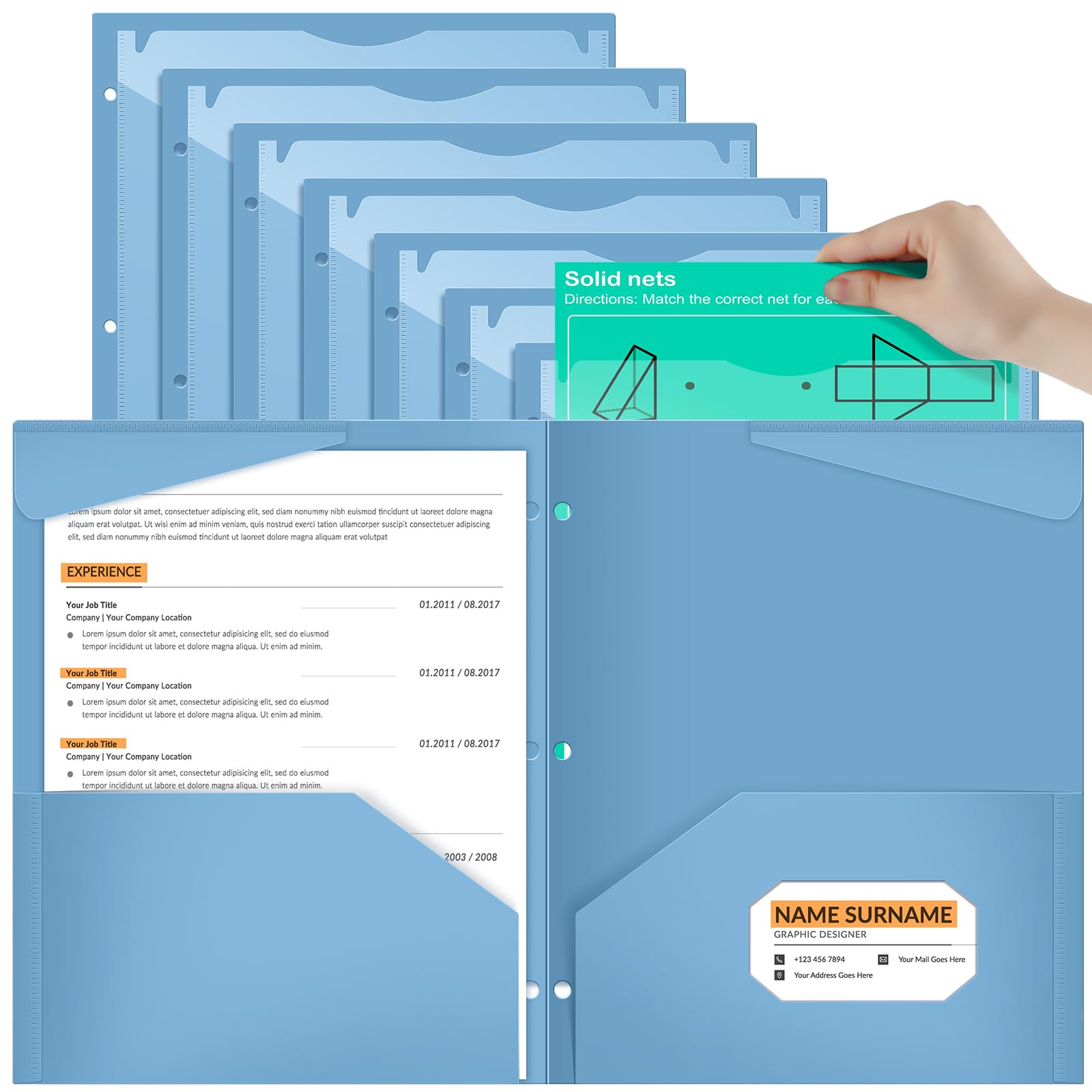 Henoyso 24 Pcs Haze Blue Plastic Folders with 2 Pockets and Clear Front Pocket 3 Holes for 3-Ring Binder Durable Poly Folder for School, Office & Home