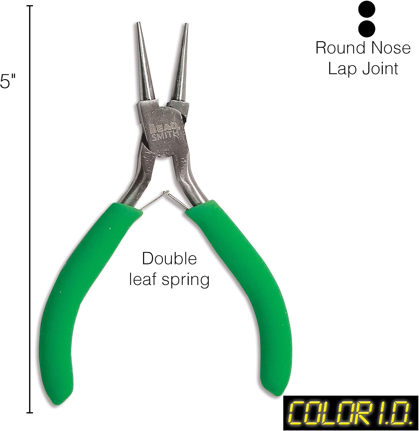 The Beadsmith Color-ID Round Nose Plier – 5 inches (127mm) – Green Comfort Grip Handle – Polished Steel Head and Double-Leaf Spring - Tool for Jewelry Making