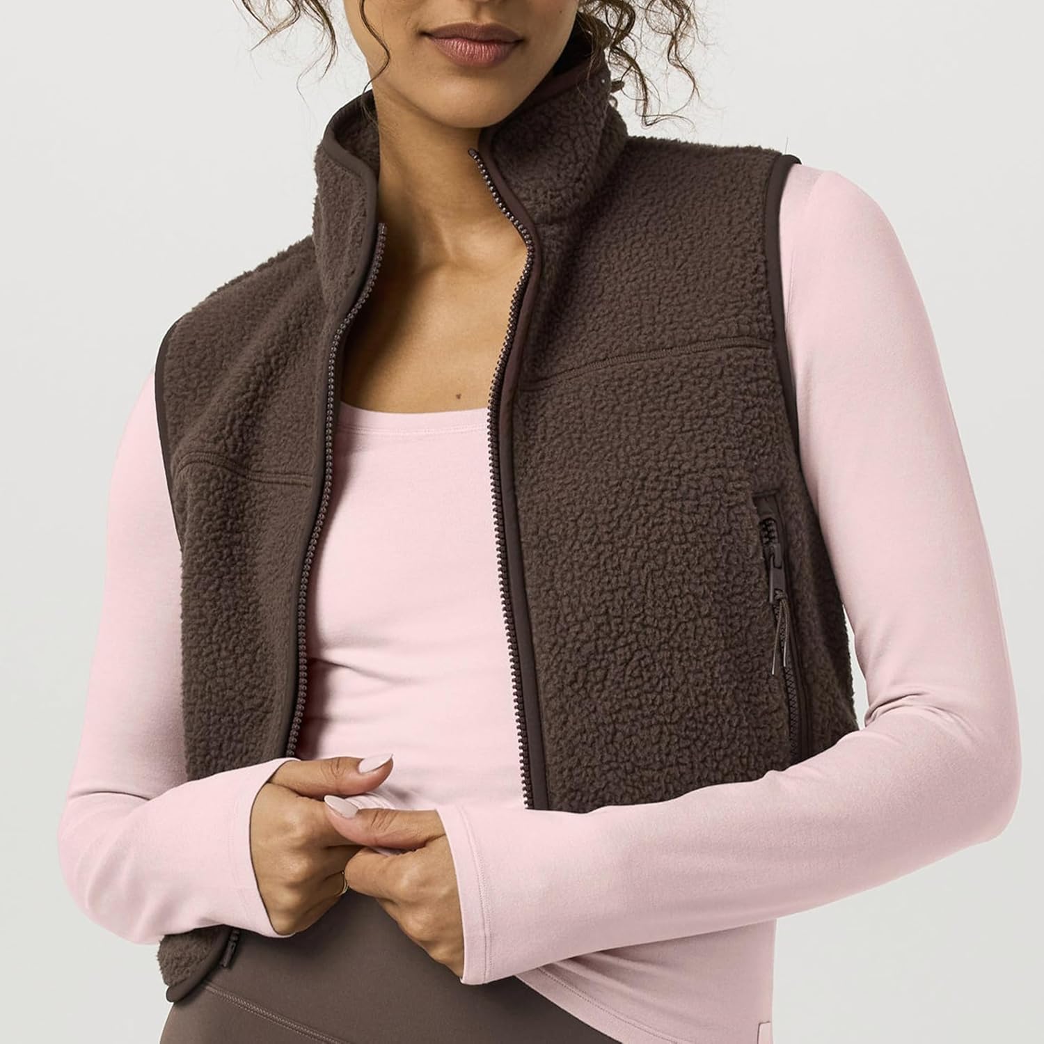 Cropped Fleece Vest Women Sleeveless Stand Collar Zip Up Sherpa Jacket Fall Winter Warm Coats Outerwear with Pockets - Image 4