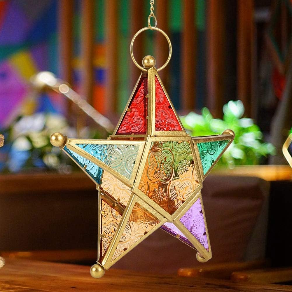 Star Lantern Moroccan Hanging Candle Holder Metal Glass Lanterns For Home Patio Garden Decoration, Black/Gold - Image 4