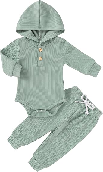 YOUNGER TREE Newborn Baby Boy Girl Clothes Hooded Long Sleeve Romper Pants Set Solid Ribbed Infant Fall Winter Outfits