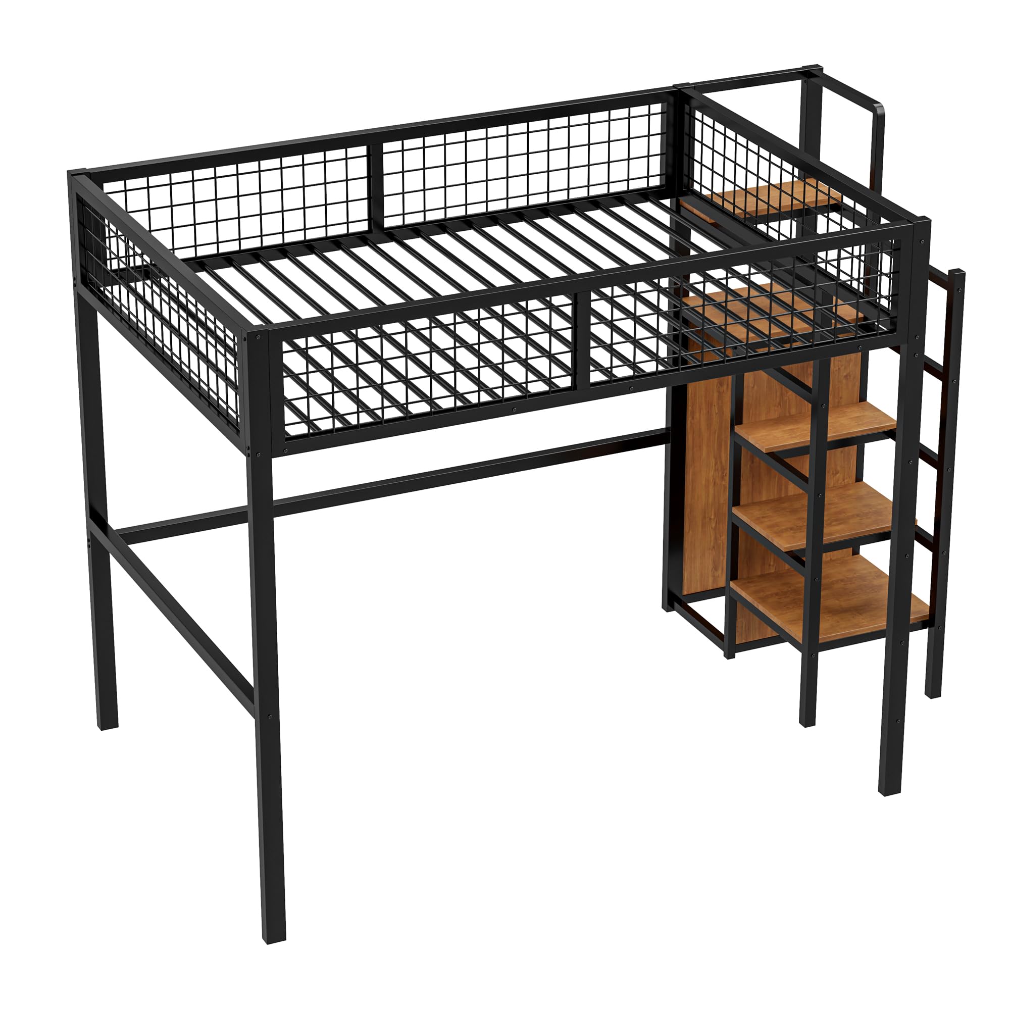 Cama alta de 140 x 200 cm con escalera, cuna con marco de hierro y estante de almacenamiento, armario (negro)