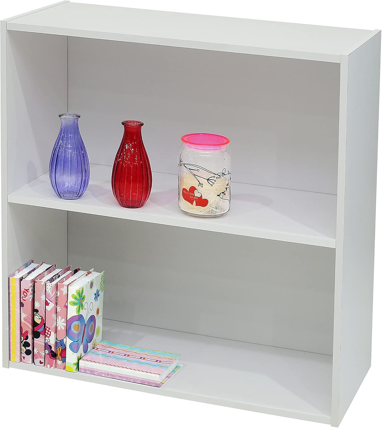 2 Tier Open Shelf Bookcase Storage Organizer, White Wood, Contemporary.
