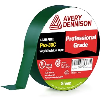 Avery Dennison Electrical Tape, Professional Grade PVC Electric Tape, UL/CSA Listed Insulating Vinyl Tape for Electrical, Repairs, Automotive and Equipment, Pro-36C, 34 in x 66 ft, Green, 1 Roll