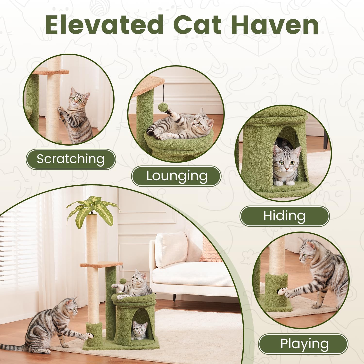Cat Tree Tower with Scratching Post, Indoor 36in Medium Kitty Climbing Frame with Perch, Cave, Ball Toys, Multi Functional Kitten Climber and Scratcher, Stable Stand and Space Saving Design