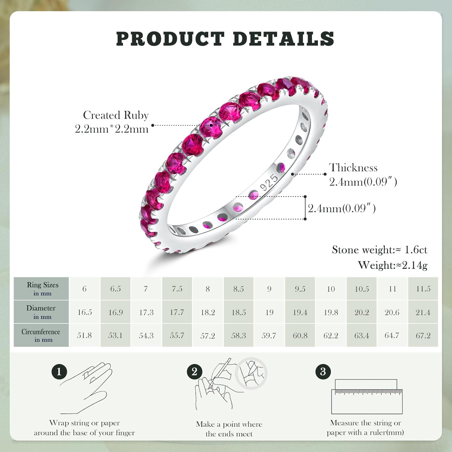 14K Gold Plated/ 925 Sterling Silver Created Emerald/Ruby/Sapphire Stackable Rings for Women 2.4mm Wedding Eternity Band Rings (with Gift Box) - Image 4