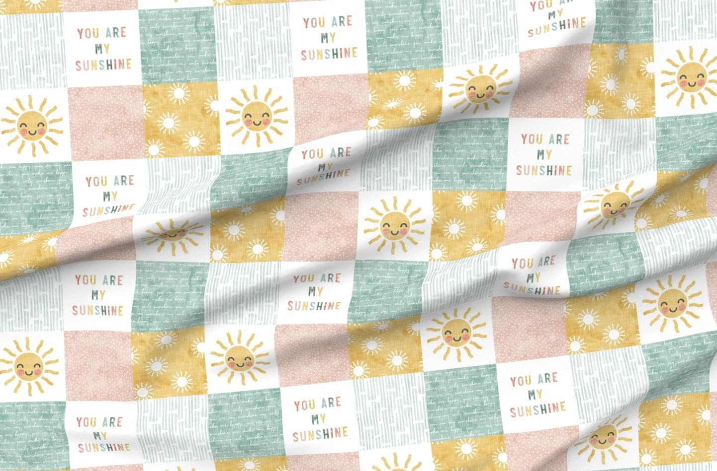 Spoonflower Fabric - You Sunshine Wholecloth Multi Suns Patchwork Face Pink Teal Gold Sun Printed on Minky Fabric by The Yard - Sewing Baby Blankets Quilt Backing Plush Toys