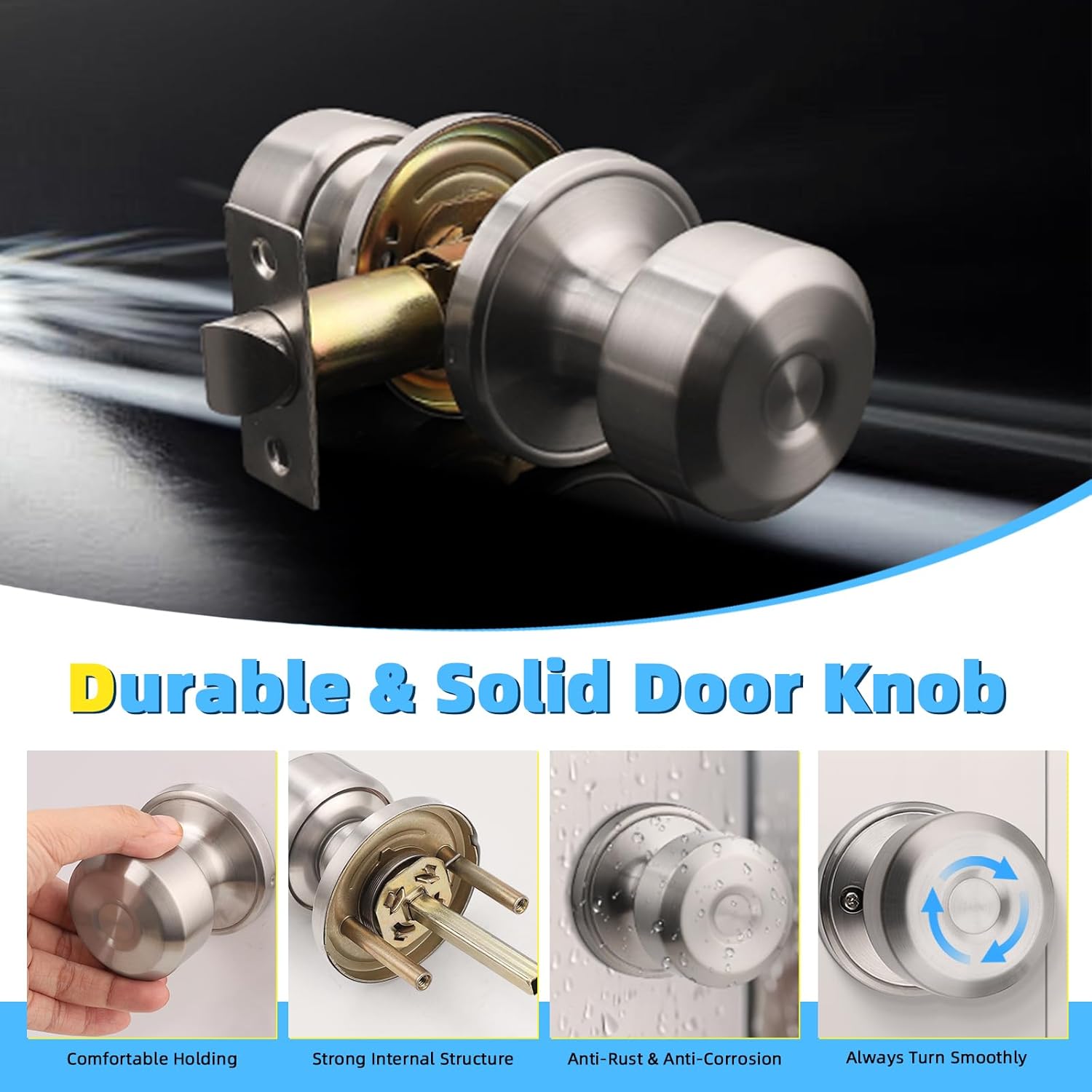 KNOBWELL Brushed Nickel Interior Door Knobs, Closet Door Knob with Cylindrical Shape Knob for Passage, Hallway Doors, Keyless Satin Nickel Indoor Door Knob, 10 Pack