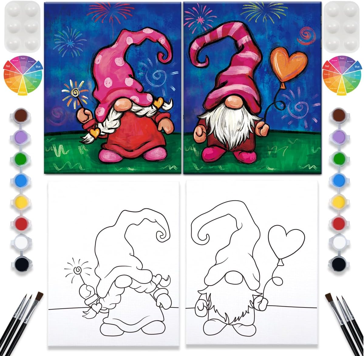 VALLSIP 2 Pack Paint and Sip Canvas Painting Kit Pre Drawn Canvas for Painting for Adults Stretched Canvas Couples Games Date Night Anniversary Couple Paint Party Supplies Favor Gnome