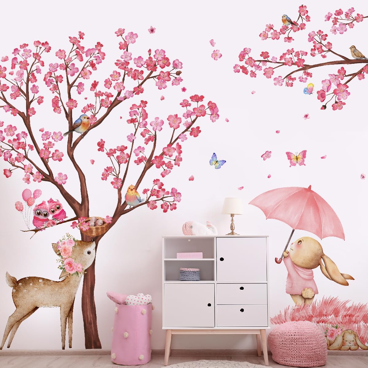 Large Tree Wall Decals Blossom Flowers Pink Floral Wall Stickers Deer Rabbit Cute Animals Home Decor Peel and Stick Wall Art Decals for Bedroom Living Room Nursery Decoration