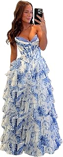 Tulle Floral Print Prom Dress Long Ball Gown Tiered Formal Dress Strapless Sweetheart Evening Gown with Pockets - Buy now