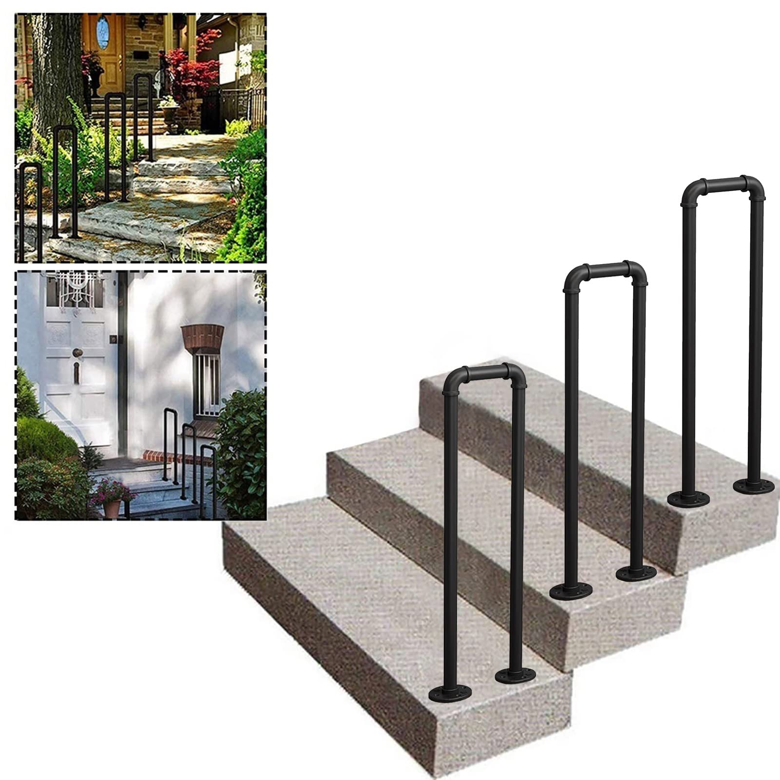 KHLMSRXJ Black Metal Outdoor Steps Stair Handrails, Transitional Handrail for Exterior Step Garden Handrail Picket Fits 1 Steps Stair Rail Wrought Iron Hand Rails Railing/2.8Ft/85Cm