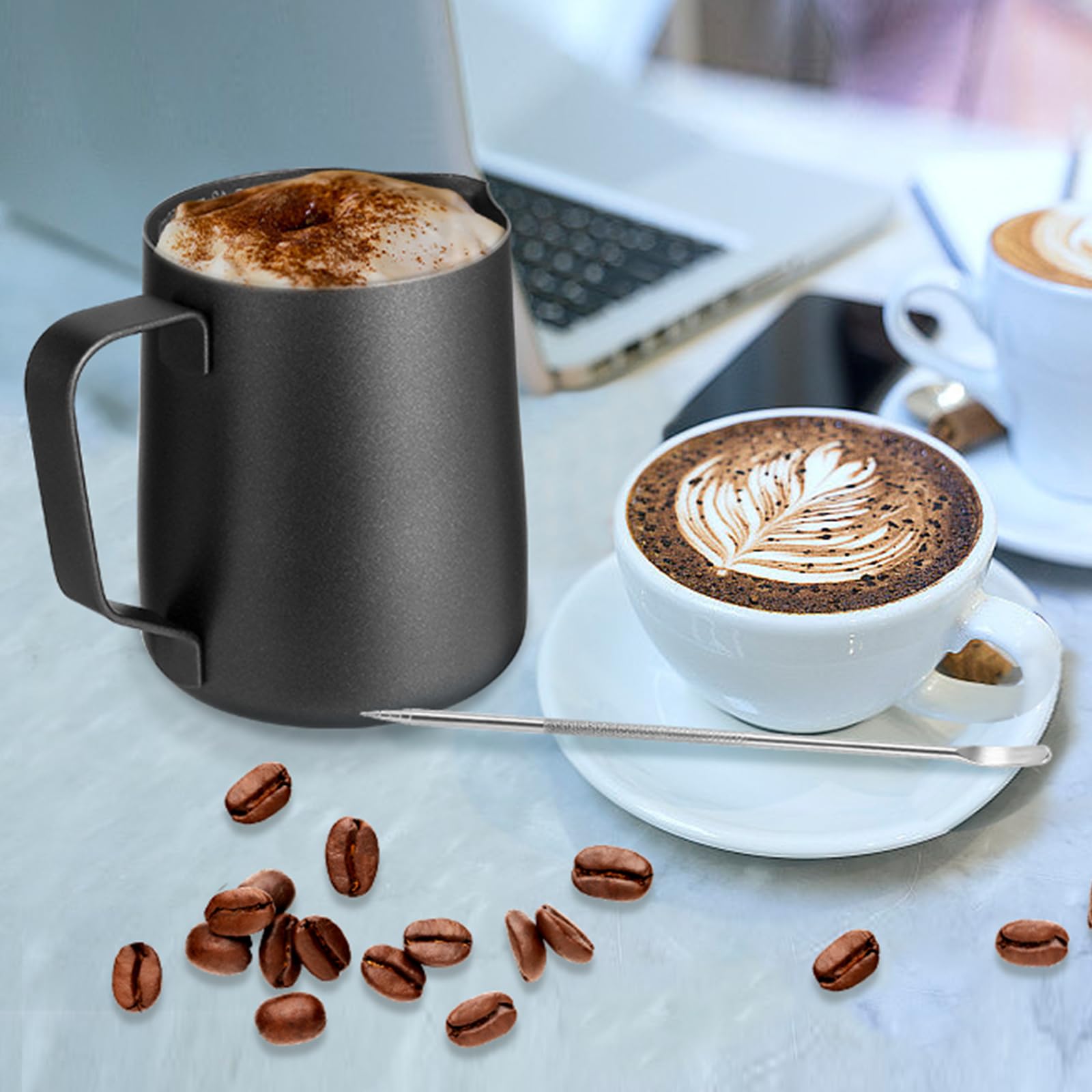 Pichet à Mousse De Lait 600 Ml Avec Stylo Latte - Acier Inoxydable 304 Avec Revêtement Téflon - Pour Machine à Café Et Latte Art