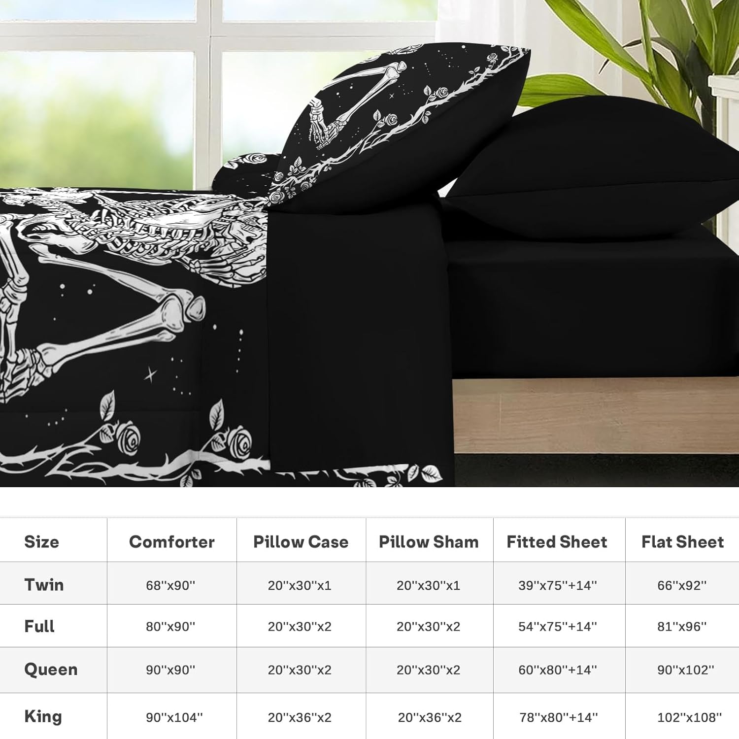 Nesker Comforter Set Full Size, Gothic Kissing Skeleton Lover 7 Pcs Bedding for Kids and Adults, Rose Black Lovers Black Bed Sheet Sets with Fitted Sheet 2 Pillowcases & 2 Shams - Image 6