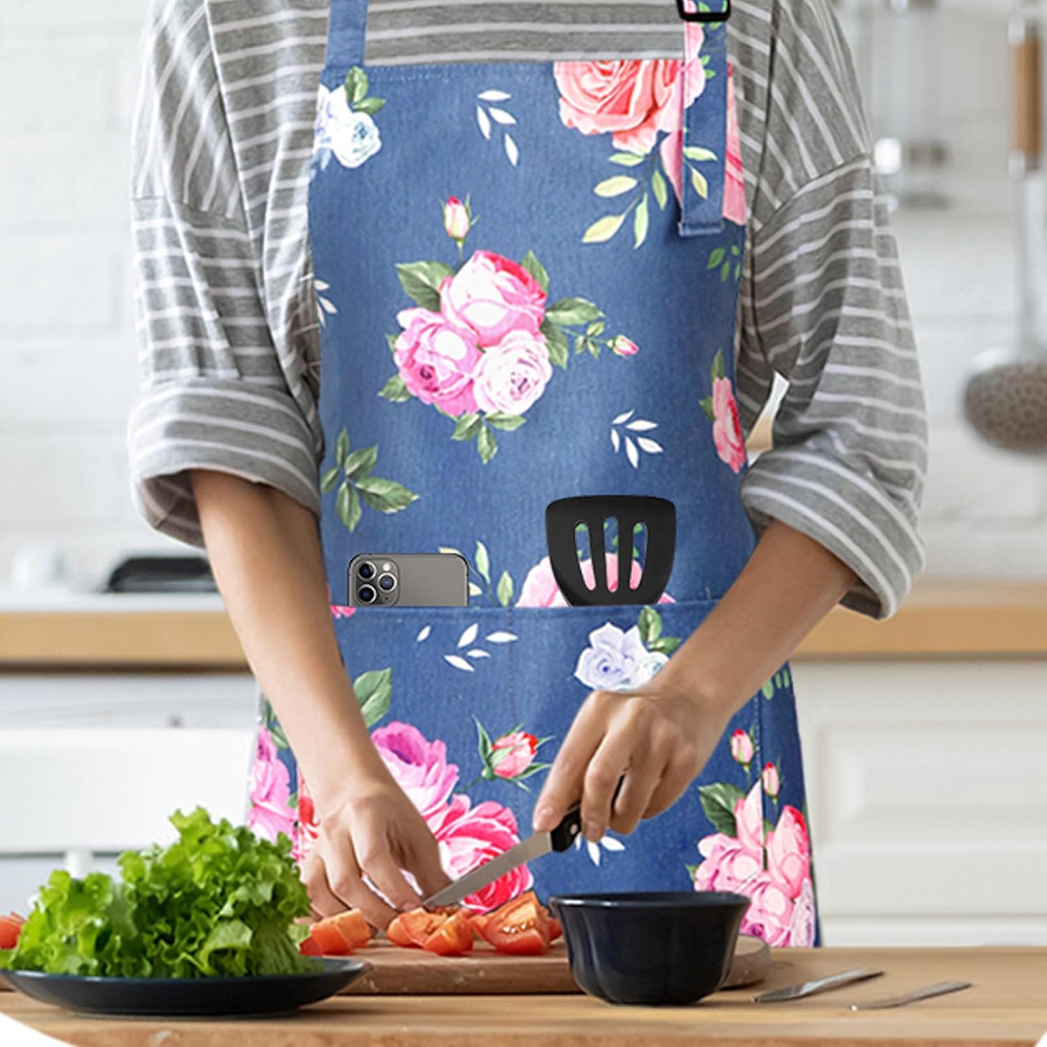 Floral Apron for Women with Pockets Cotton Canvas Waterproof Apron Cooking Baking Painting Gift
