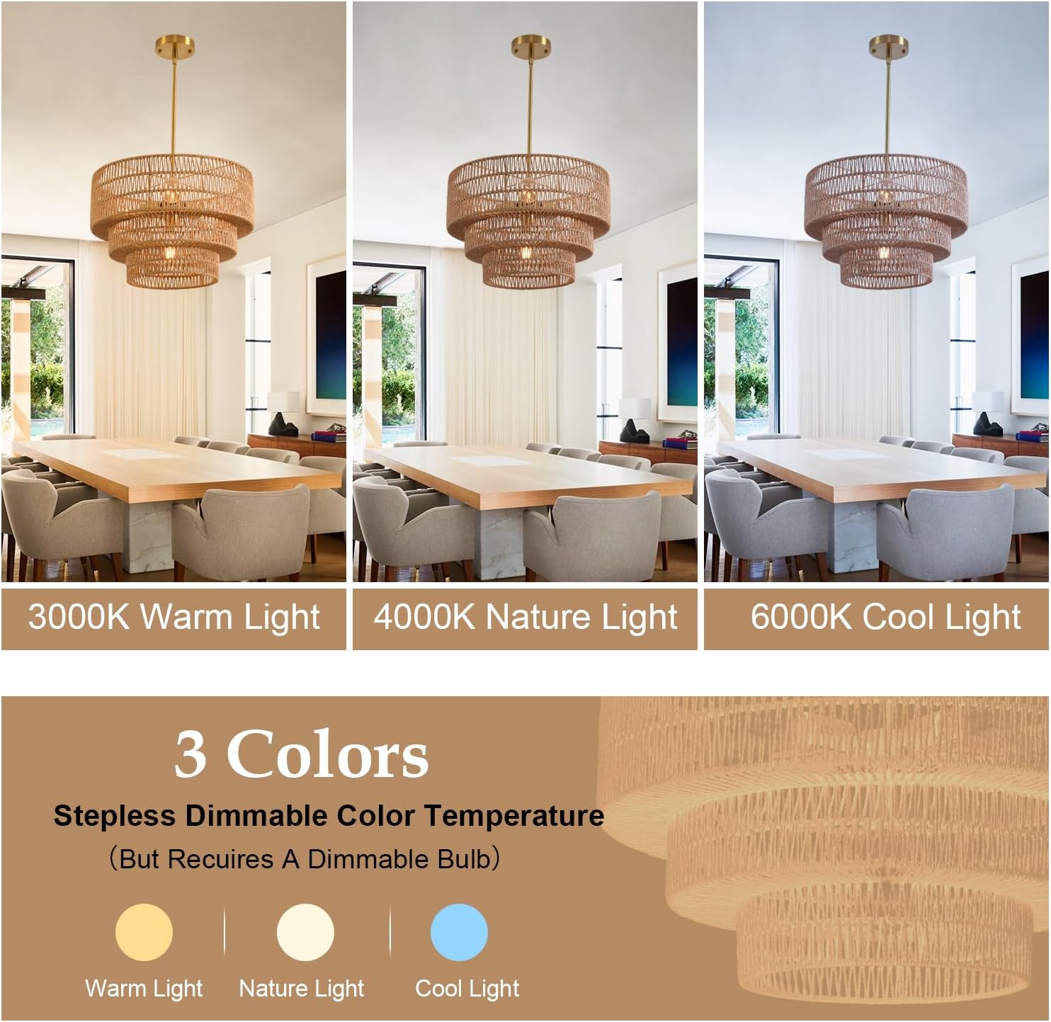 17.71" Rattan Boho Chandelier 4 Lights Hand Woven Farmhouse Chandelier for Dining Room Light Fixture Modern Kitchen Light Fixture Ceiling Hanging Pendant Light Fixture