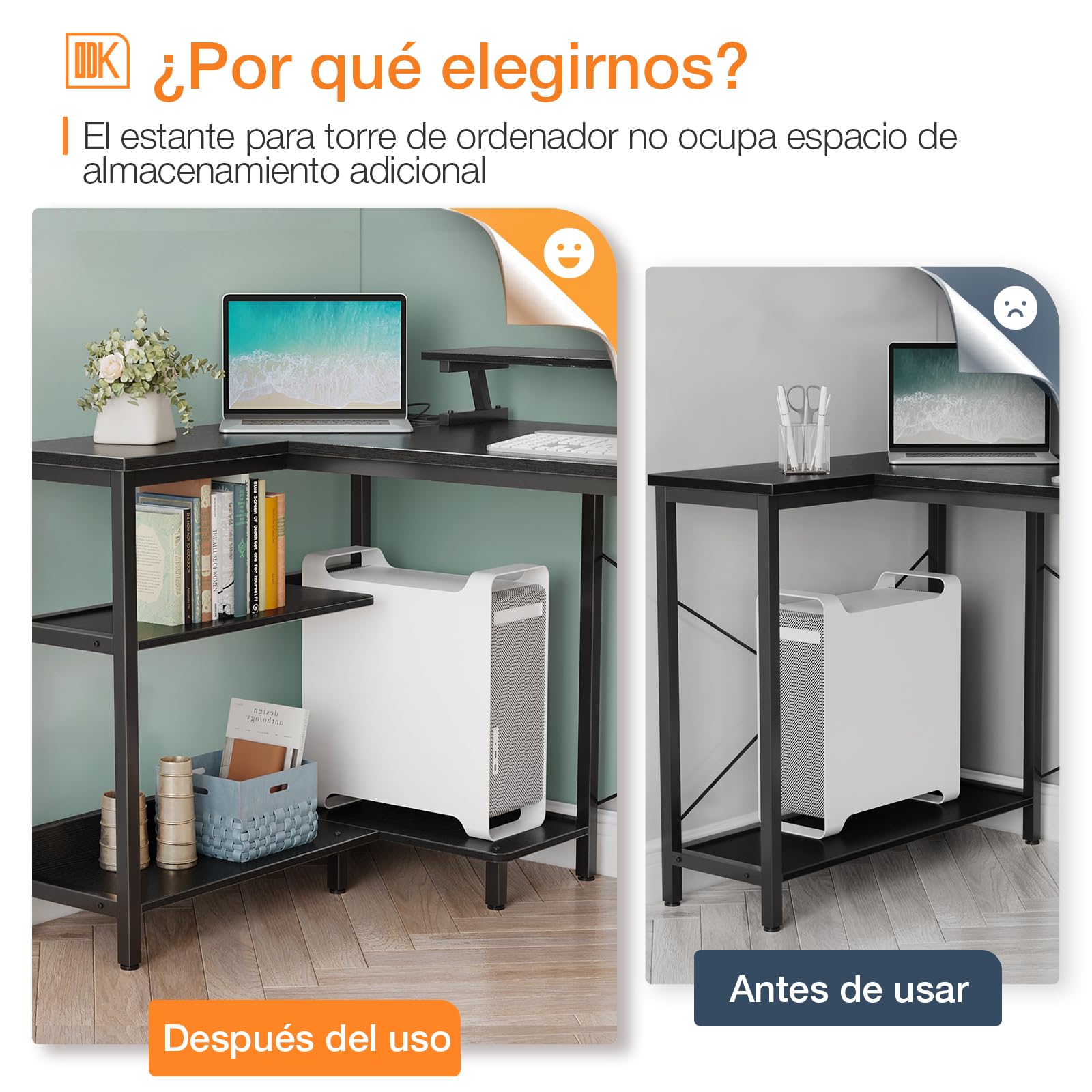 ODK Escritorio Esquinero con Estantes Reversible, 120x80cm, Negro | Escritorio Gaming en L con Puertos USB y Enchufes Integrados, Soporte para Monitor para Oficina en Casa y Jugadores