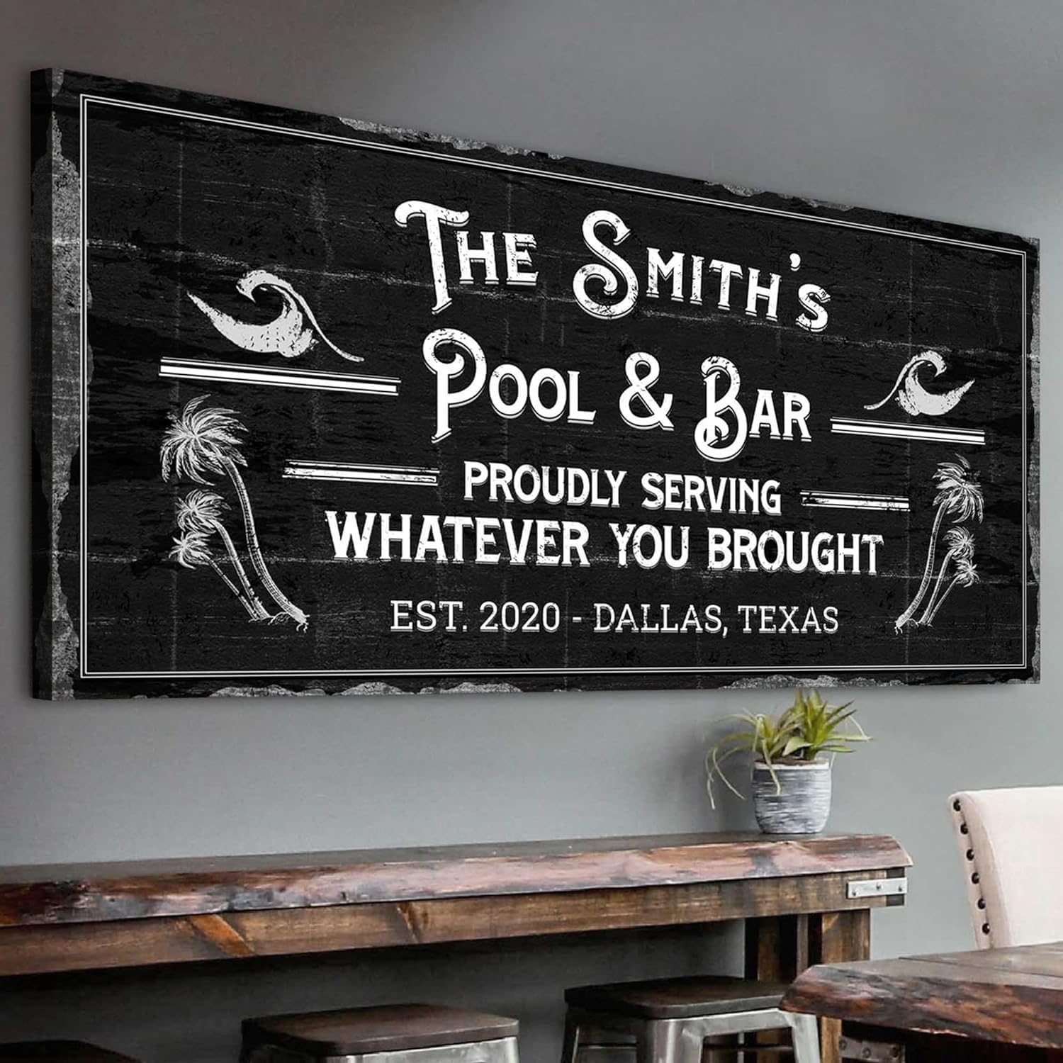 Tailored Canvases Bar Sign Custom Decor - Pool and Bar Proudly Serving Whatever You Brought - Canvas Wall Art Printable Personalized for Man Cave, Kitchen, Backyard, Pub & Diner- Rustic Black, 48x24in