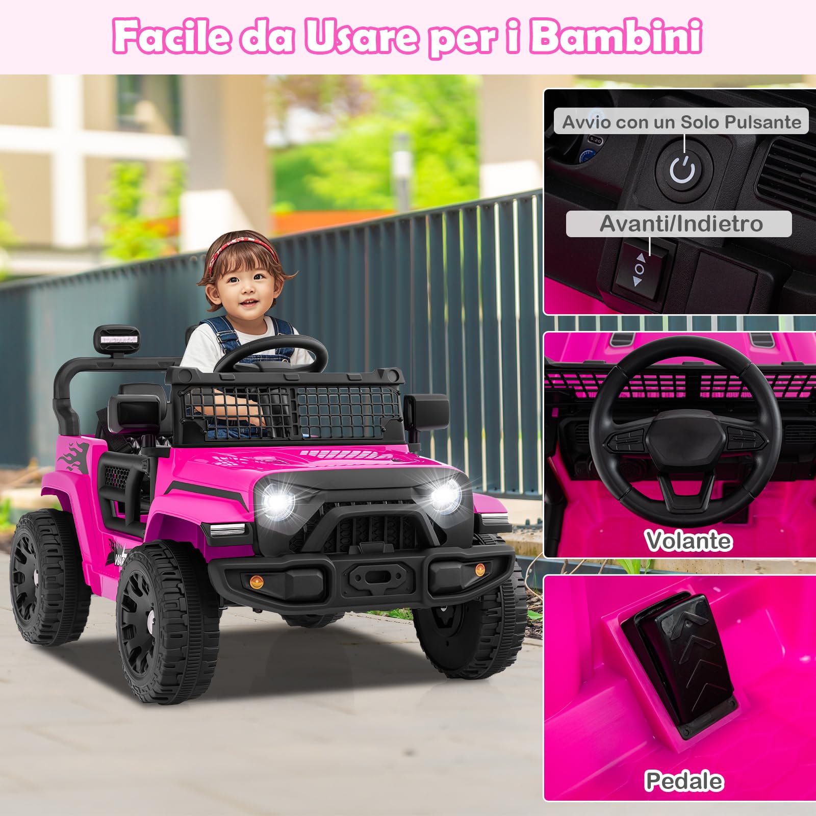 COSTWAY 12V Macchina elettrcia per Bambini, Auto con Telecomando 3 Velocità Luci LED Musica, Doppi Motori, Veicolo Elettrico per Bambini 3+ Anni, Carico 30 kg (Rosa)
