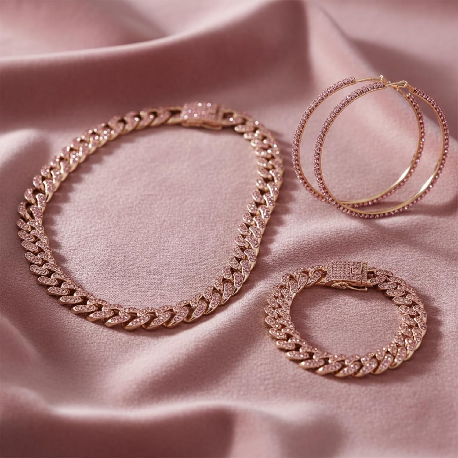 Batiyeer 3 Pcs Cuban Link Chain Necklace Bracelet Rhinestone Hoop Earrings Bling Crystal Hip Hop Jewelry for Women(18 Inch,Rose Gold Pink)