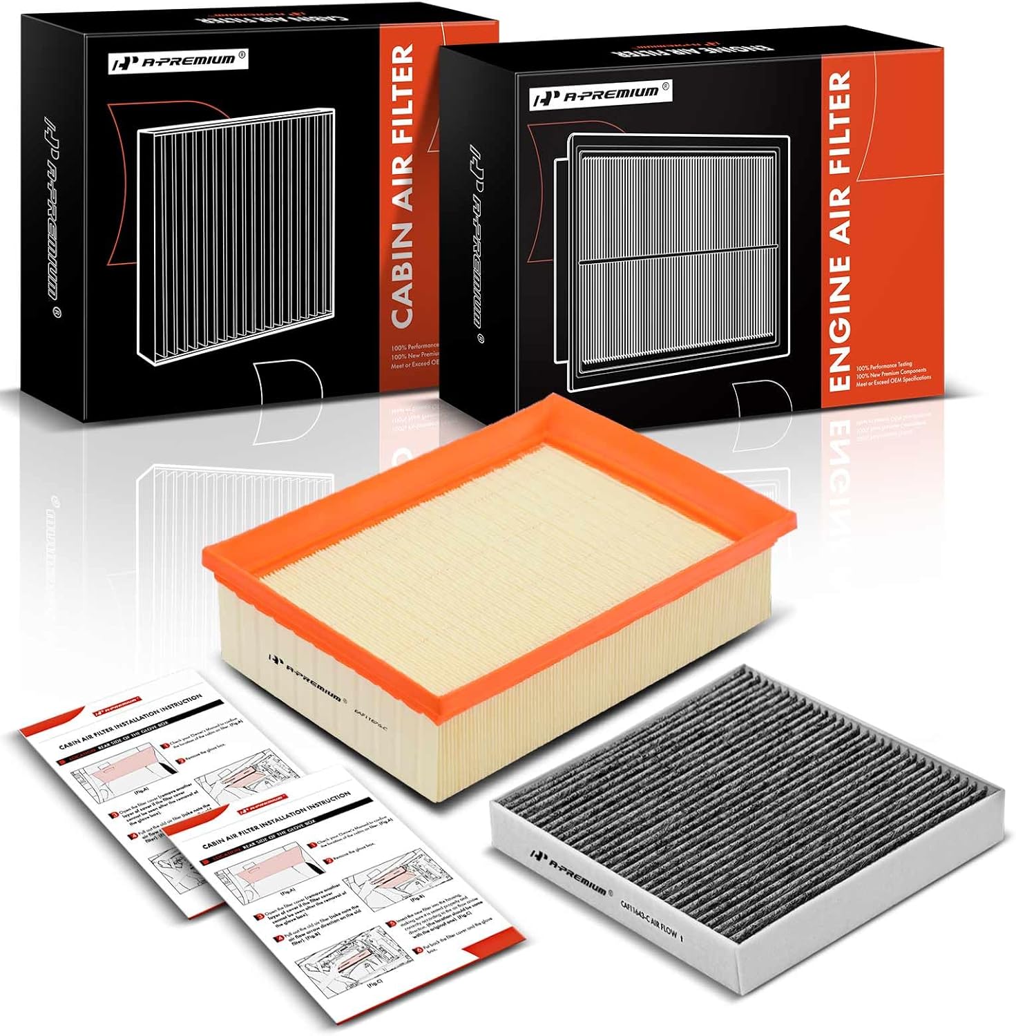 A-Premium 2-PC Engine & Cabin Air Filter with Activated Carbon Compatible with Volkswagen Jetta 2019-2022, Golf, Golf R SportWagen Alltrack, Tiguan, GTI, Arteon & Audi A3, A3 Quattro, Q3, TT Quattro