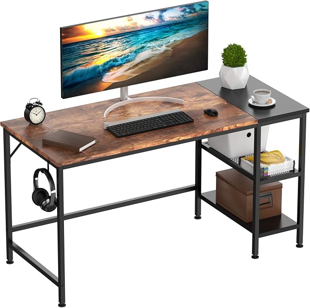 HOMIDEC Office Desk, Computer Desk With Bookshelf PC Study Writing Desk for Home Working with Storage Shelves, Desks & Workstations for Home Office Bedroom, 140x60x75cm
