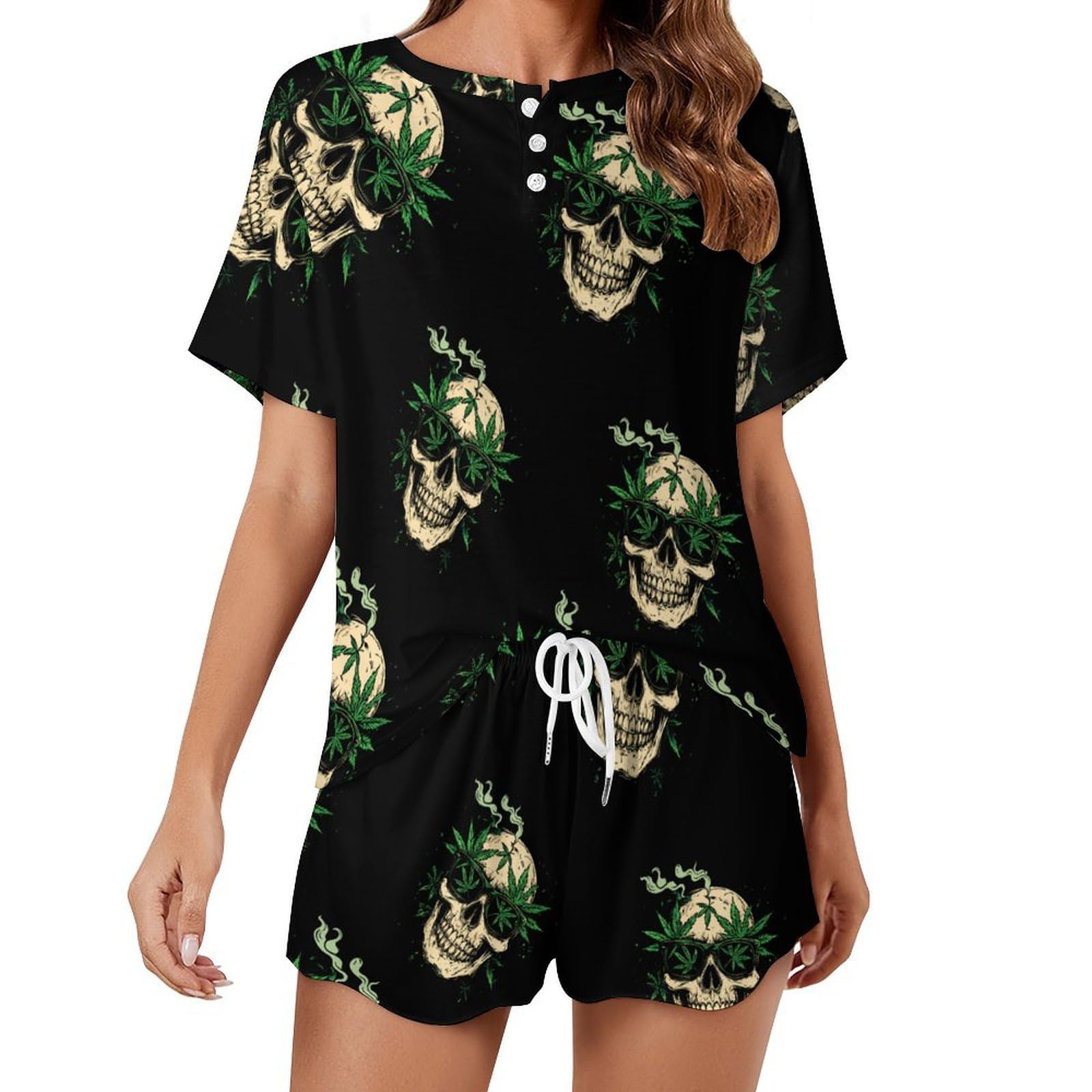 Oudrspo Weed Skull Womens Pajama Set Short Sleeve Sleepwear Soft Lounge Set Pjs