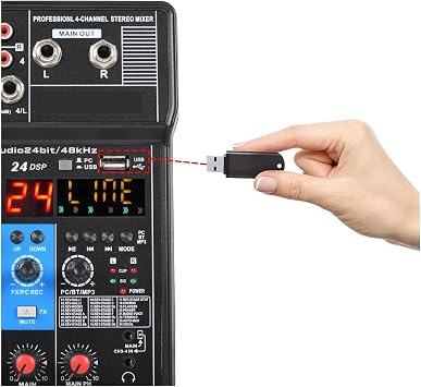 Audio Mixer, 4 Channel Sound Mixer Function 24 DSP Effect USB Computer Record Play Live Broadcast Mixing Console