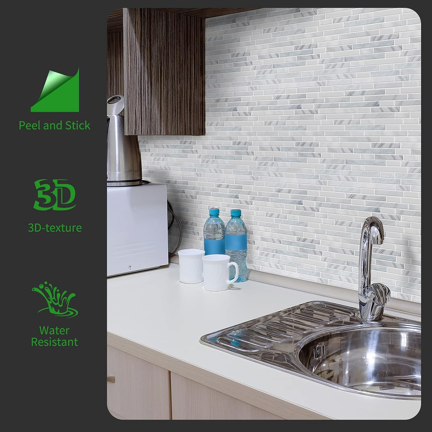 LONGKING Peel and Stick Tile Backsplash and White Self-Adhesive Caulk and Trim Strips