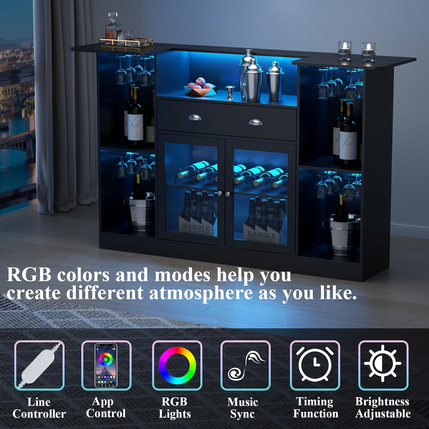 Loomie Bar Table Cabinet with LED & Drawer, Mini Liquor Bar with 8-Tier Storage & Stemware Holder, Wine Alcohol Bar Stand with Glass Door & Adjustable Wine Rack, Crescent Shaped Counter for Home Pub