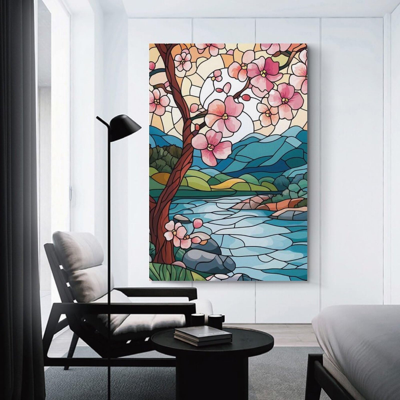 Junmoney Unframe-Style-23-1 Wall Picture Print Stained Glass Spring Landscape, 24X36inch(60X90cm), For Living Room, Bedroom, Office Or Hallway, A Flexible Wall Accent For Shared Spaces
