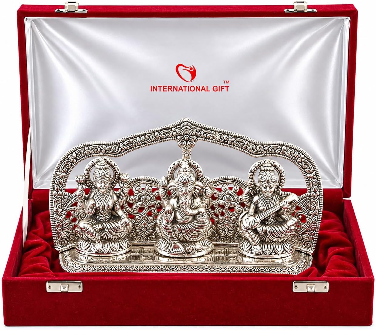INTERNATIONAL GIFT Silver Plated Laxmi Ganesh Saraswati God Idol Statue Oxidized Finish with Beautiful Velvet Box Packing and with Carry Bag (29cm x 18cm x 7cm), Religious