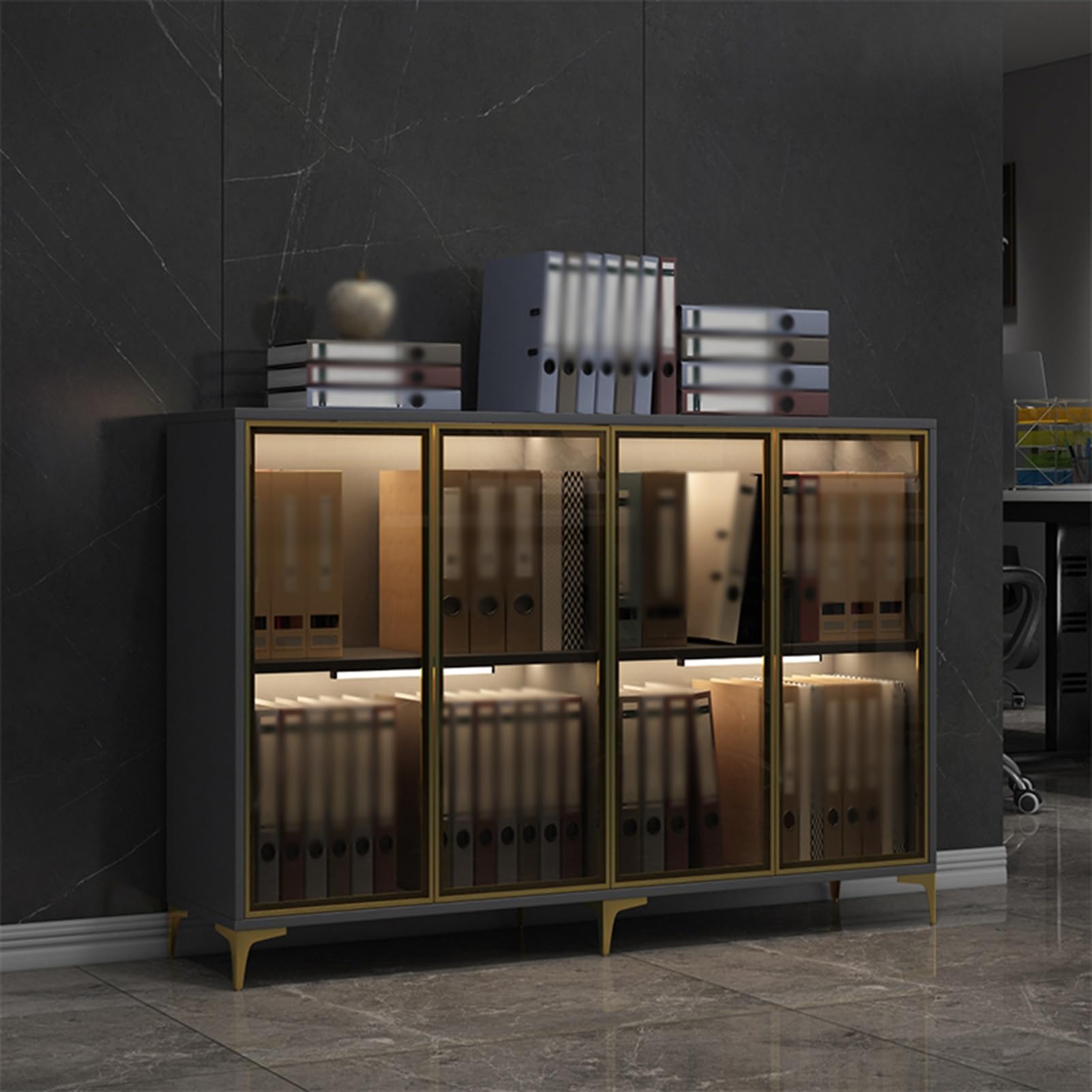 Lagerschrank, Vitrinenschränke Aus Stahl Mit 2 Glastüren Und Licht, Aktenschränke, Aktenlagerschränke Für Büro, Schule, Zuhause, Klassenzimmer(A-Black)