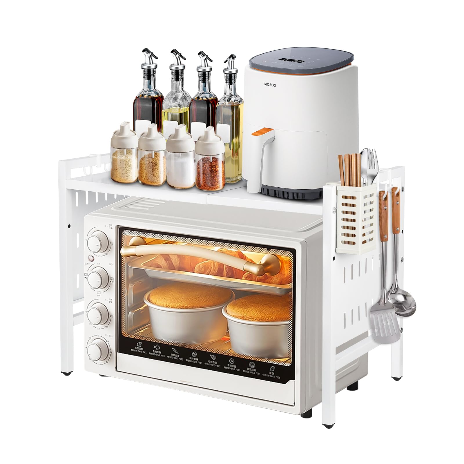HUOLE Étagère pour Micro-Ondes, avec Crochets, étagère de Cuisine, Étagère à épices, Plan de Travail, étagère de Boulangerie,Étagère à Micro-Ondes Organiseur pour cuisi (42-68 * 36 * 46 cm-Blanc)