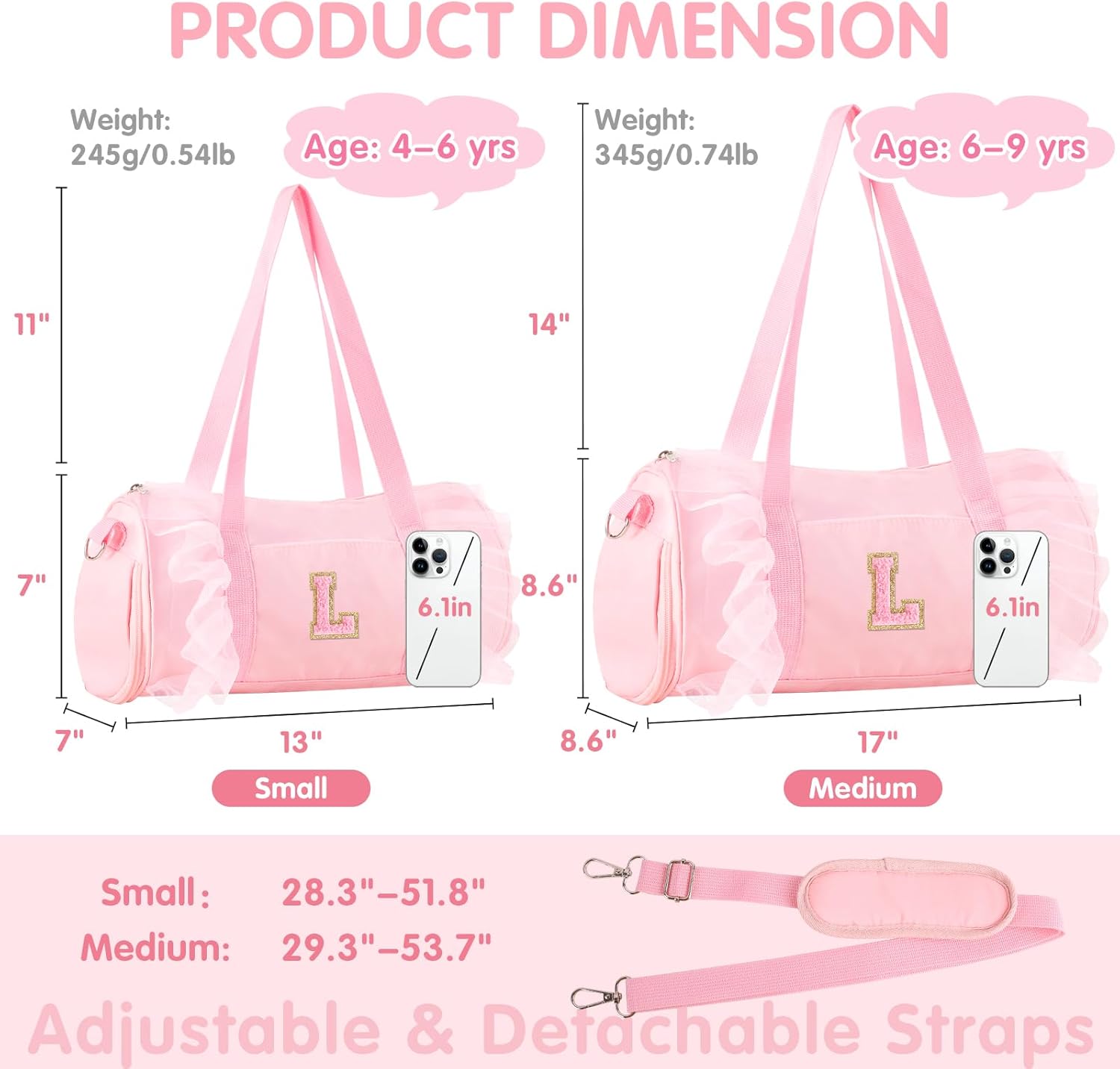 Personalized Initial Dance Bag for Girls 4-6, Small Lace Gym Sport Yoga Cheer Dance Bags Gift for Teen Girls, Cute Letter Kids Ballet Bag Toddler Travel Duffel Tote with Adjustable Straps(Pink-L) - Image 2