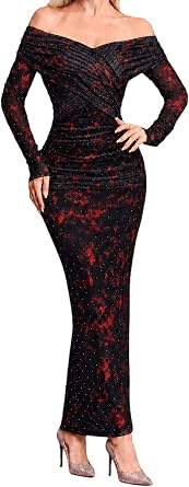 ABMOIU Womens Off Shoulder Rhinestone Maxi Dress Long Sleeve Evening Gown