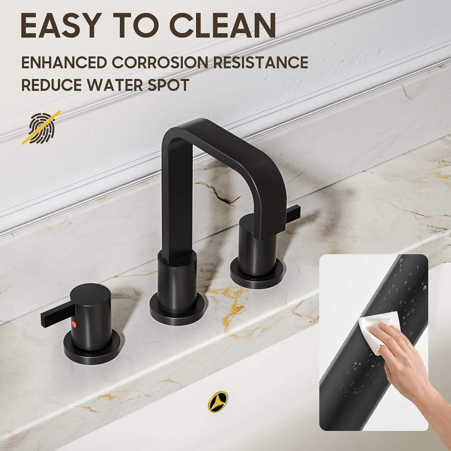Phiestina Matte Black Bathroom Sink Faucet, Waterfall 3 Hole 2 Handle Widespread Bathroom Faucet with Metal Pop Up Drain and Water Supply Line, WF040B-1-MB