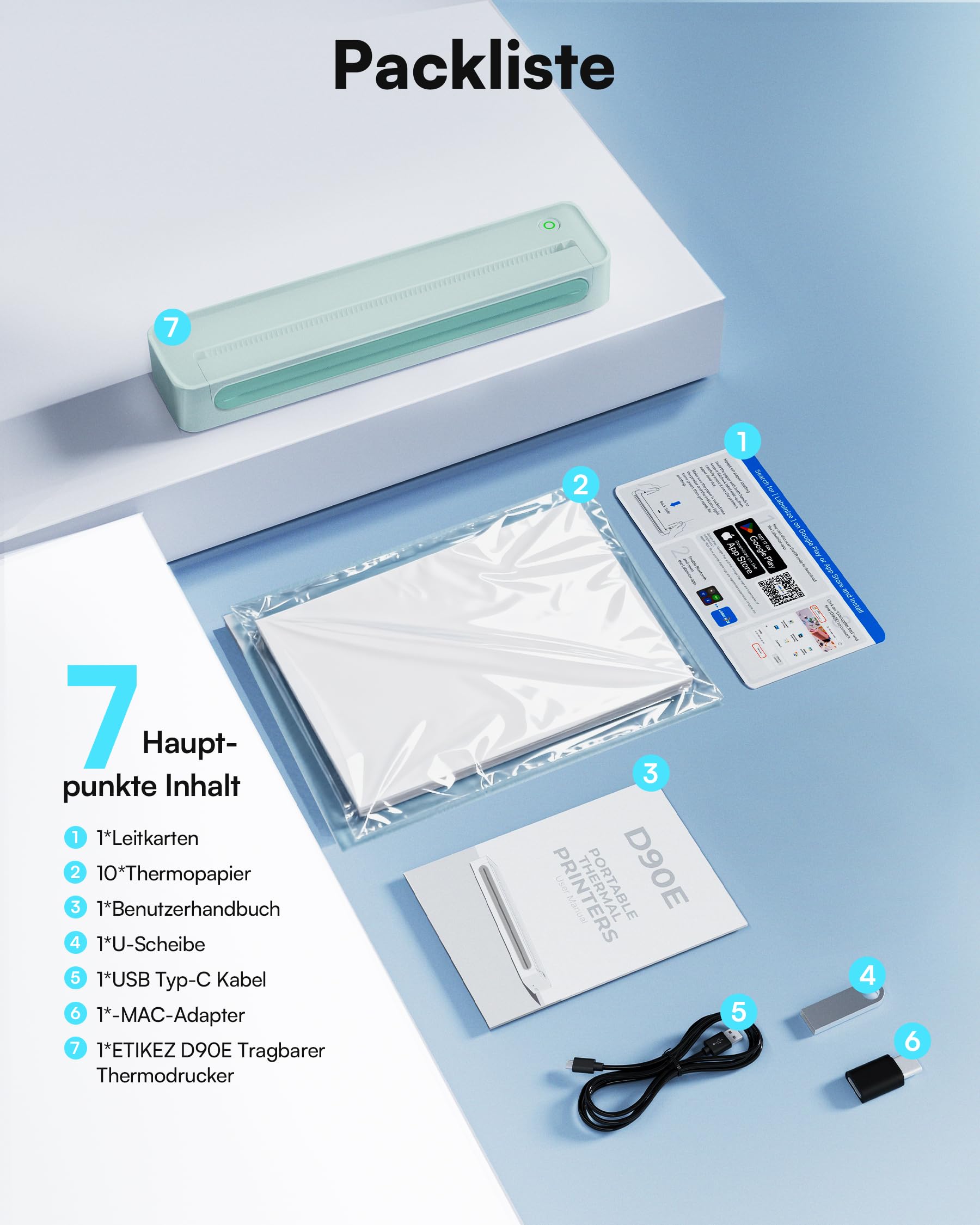 Stampante termica A4 D90E, compatibile Windows/macOS/iOS/Android, monocromatica, ciano scuro