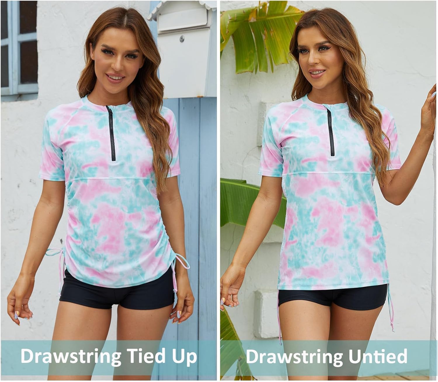 Halcurt Women's Half Zip Short Sleeve Rash Guard Swim Shirt with Tie Drawstring UPF50+ Swimsuit Top - Image 5