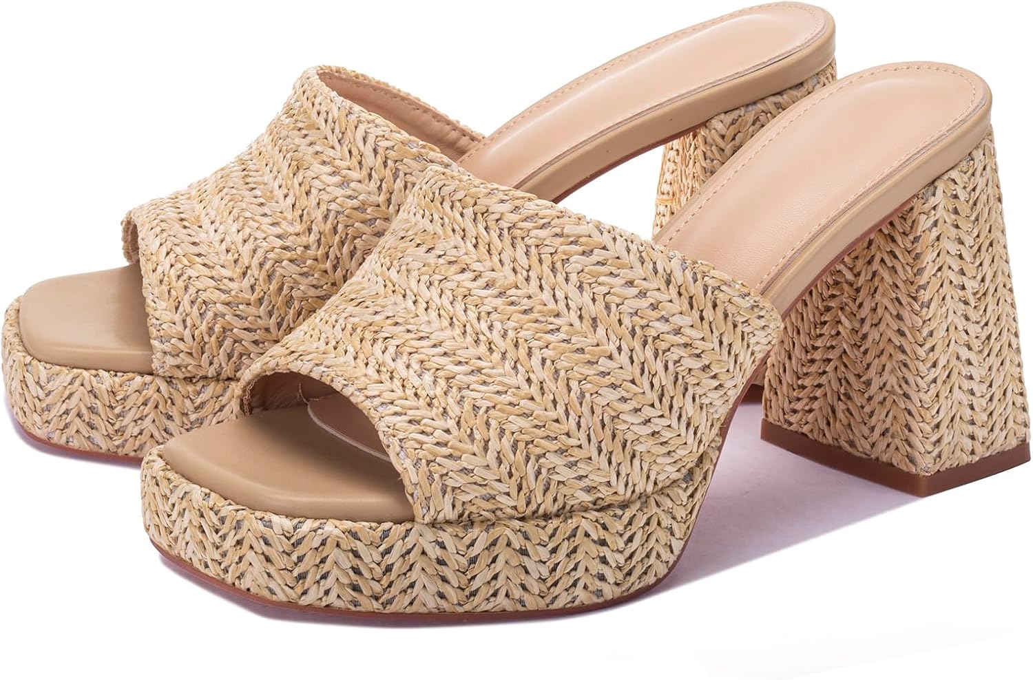 Monrovia Raffia Heeled Sandals for Women,Platform Wedge Slip On Block Heel, Dressy Summer Open Toe Chunky High Heel Vacation Beach Slides Sandals - Image 5