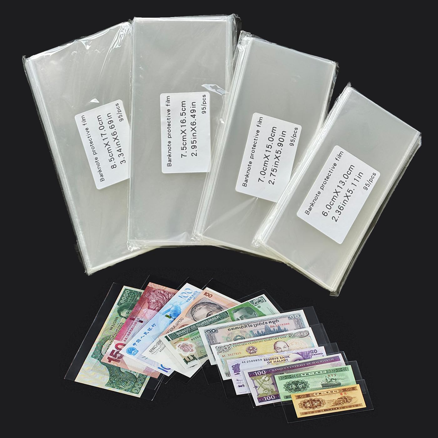380 Pieces Dollar Bill Sleeves for Collectors – 4 Sizes Clear Paper Money Holders & Currency Sleeve, Paper Money Sleeves, Dollar Bill Keeper, Currency Collection Protector Covers