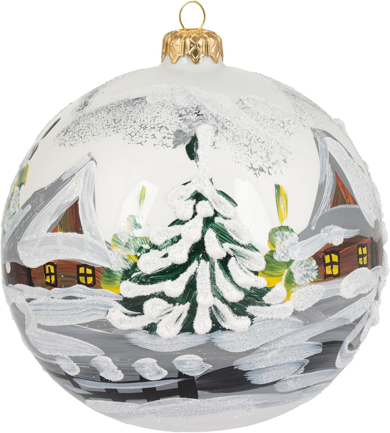 White Glossy Christmas Ornament Polish Blown Glass Ball Medium Bauble 5 inch/120mm Hand Painted The First Snow