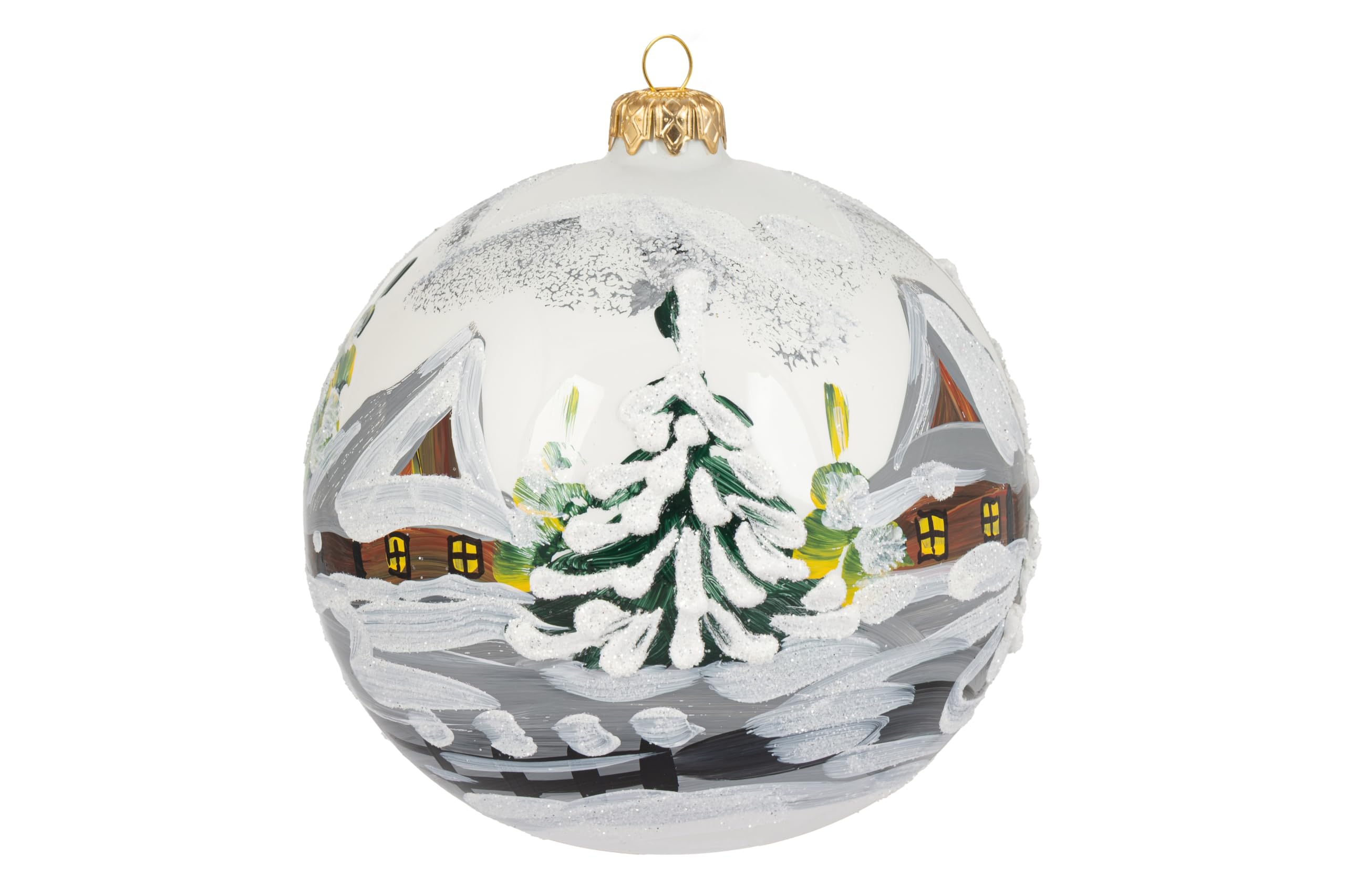 Adorno navideño, paisaje del campo, bola de cristal soplado 5" (blanco ópalo, 120mm)
