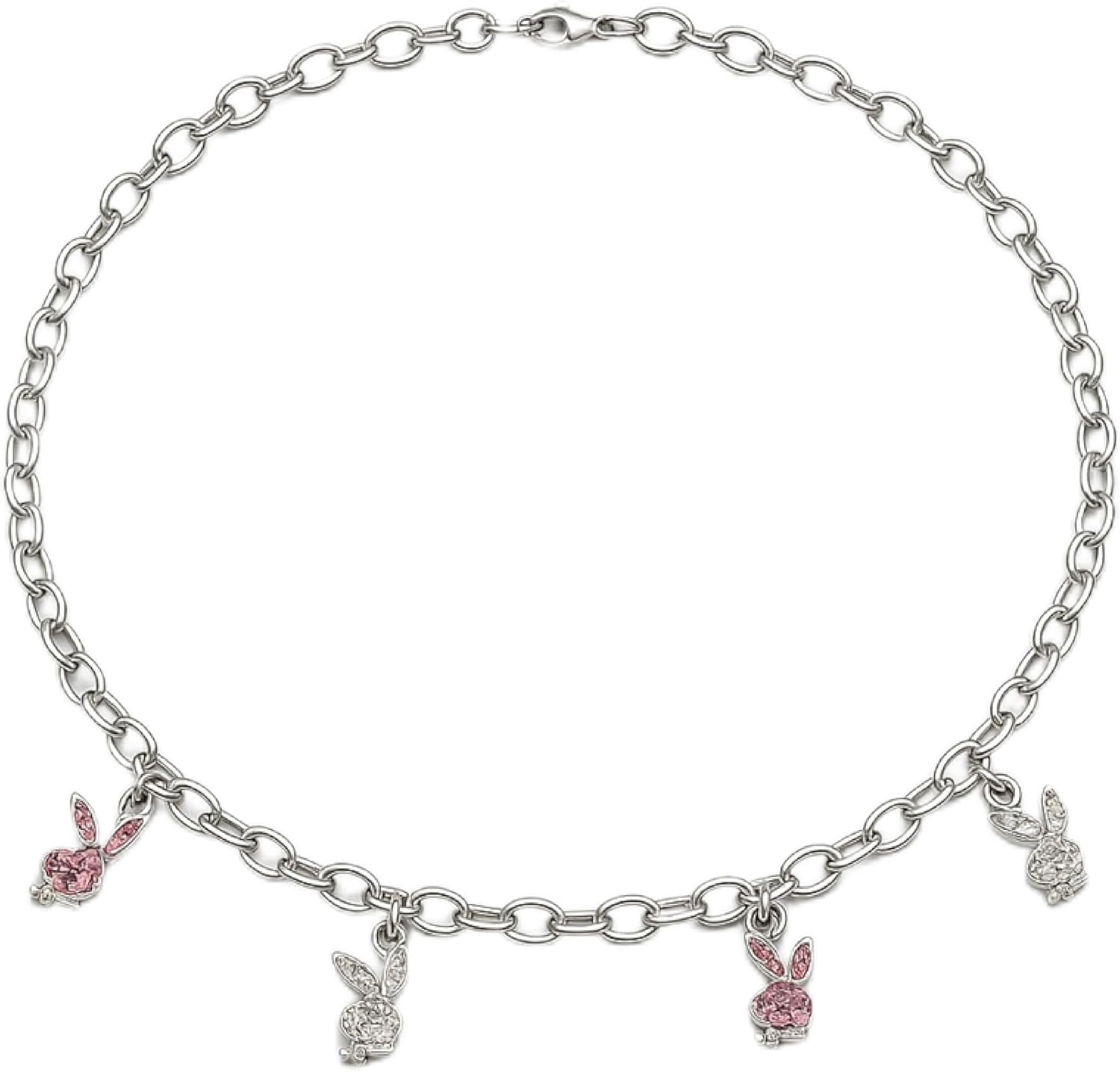 Cute Bunny Charm Necklace for Women Girls Silver Chain Choker with White and Pink Rhinestone Animal Pendants Kawaii Jewelry Gift for Bunny Lovers